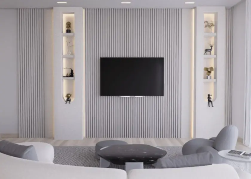 Ruang TV Minimalis Mewah dengan Panel Kayu Vertikal Lighting Warm